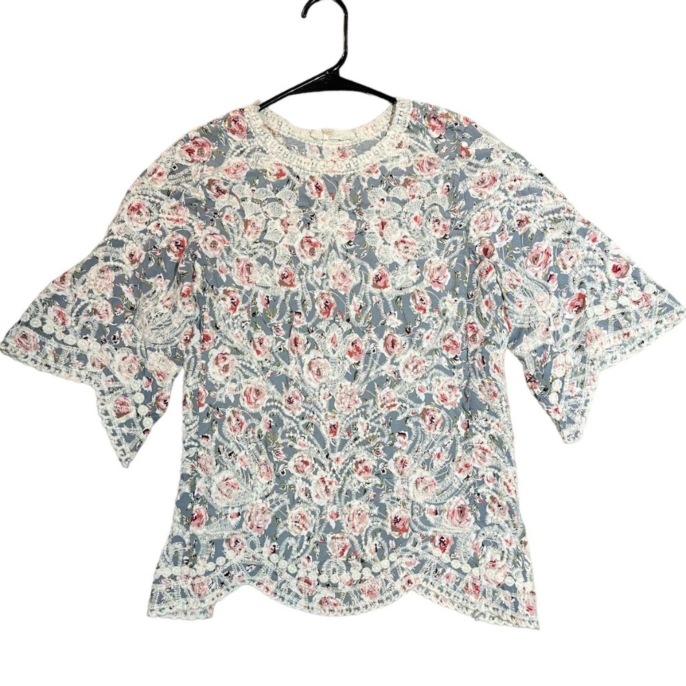 Solitaire Womens Floral Embroidered Scallop Hem Tunic Blouse Sz L Cottage Fairy